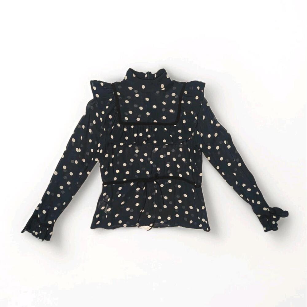 GANNI Georgette Polka Dot Sheer Ruffle Blouse Size: 36/Small Parisian Coquette - Picture 4 of 14